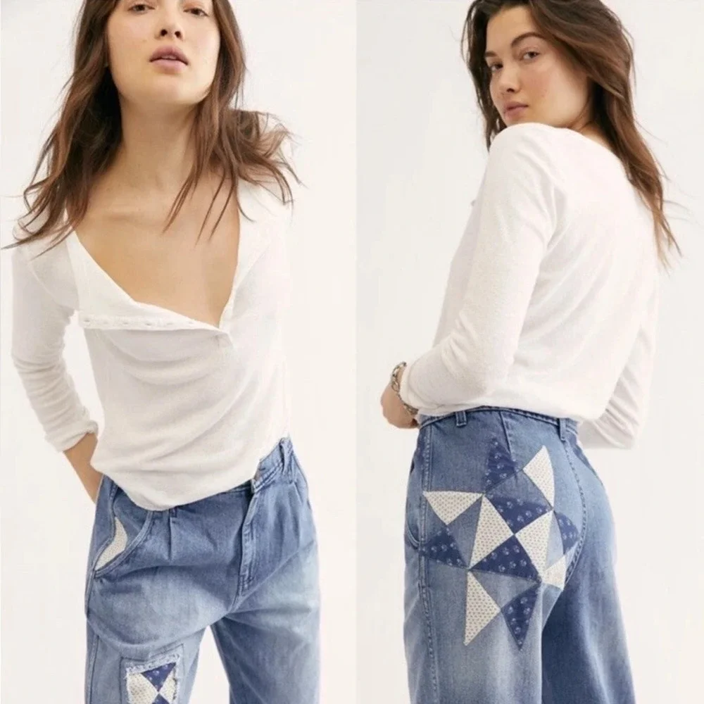 FP We The Free Down To Earth Patched Ripped Tapered Blue Jeans Sz 29 Boho Hippie